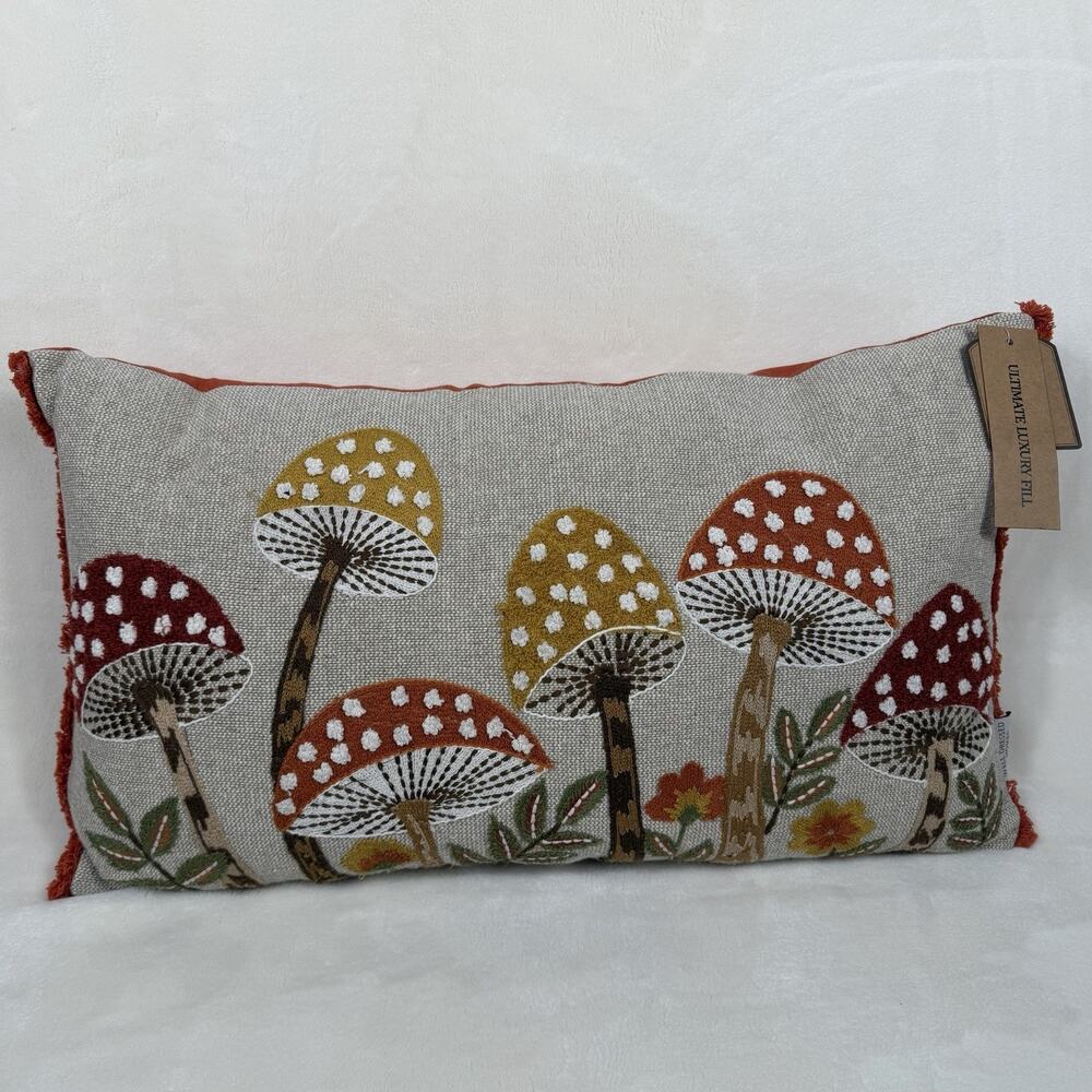 Well Dressed Home Mushroom Embroidered Lumbar Pillow Cottagecore Woodland NWT